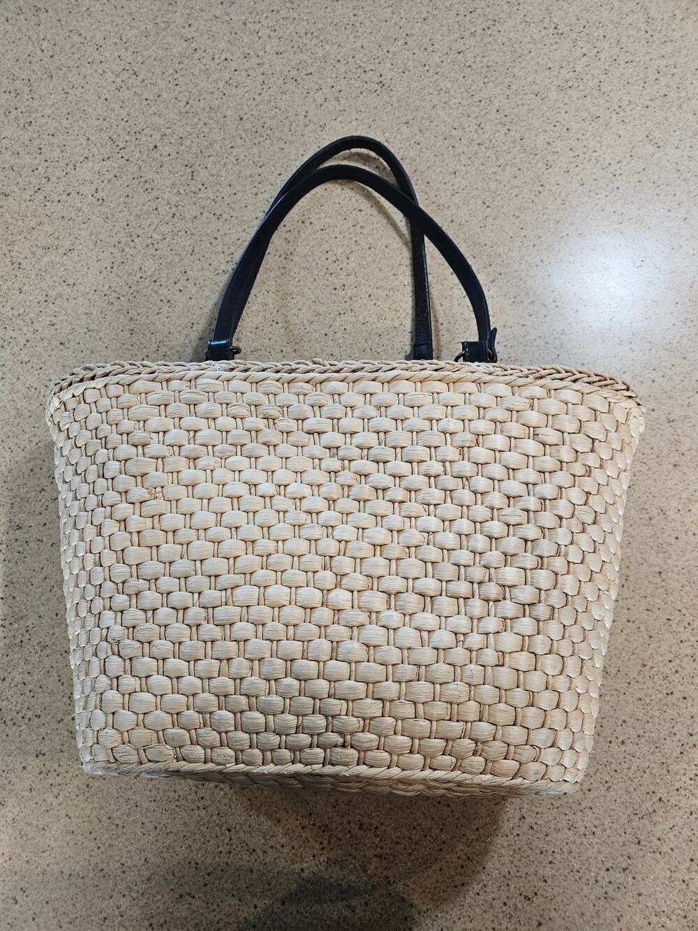 Ann Taylor Woven Straw Basket Tote Bag Leather Handles Summer Beach